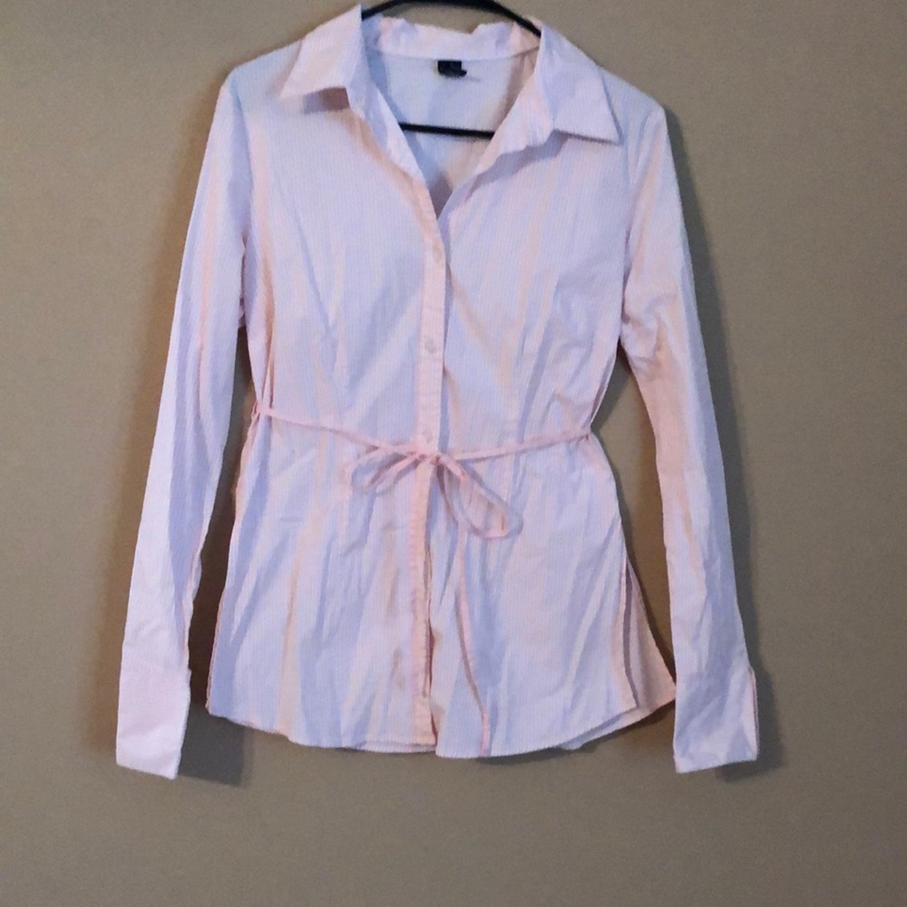 OCI Peach Long Sleeve V Button Down Shirt with front/back tie and side slits